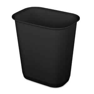 Sterilite 1046 3 gallon black rectangular plastic wastebasket trash can showing smooth top rim