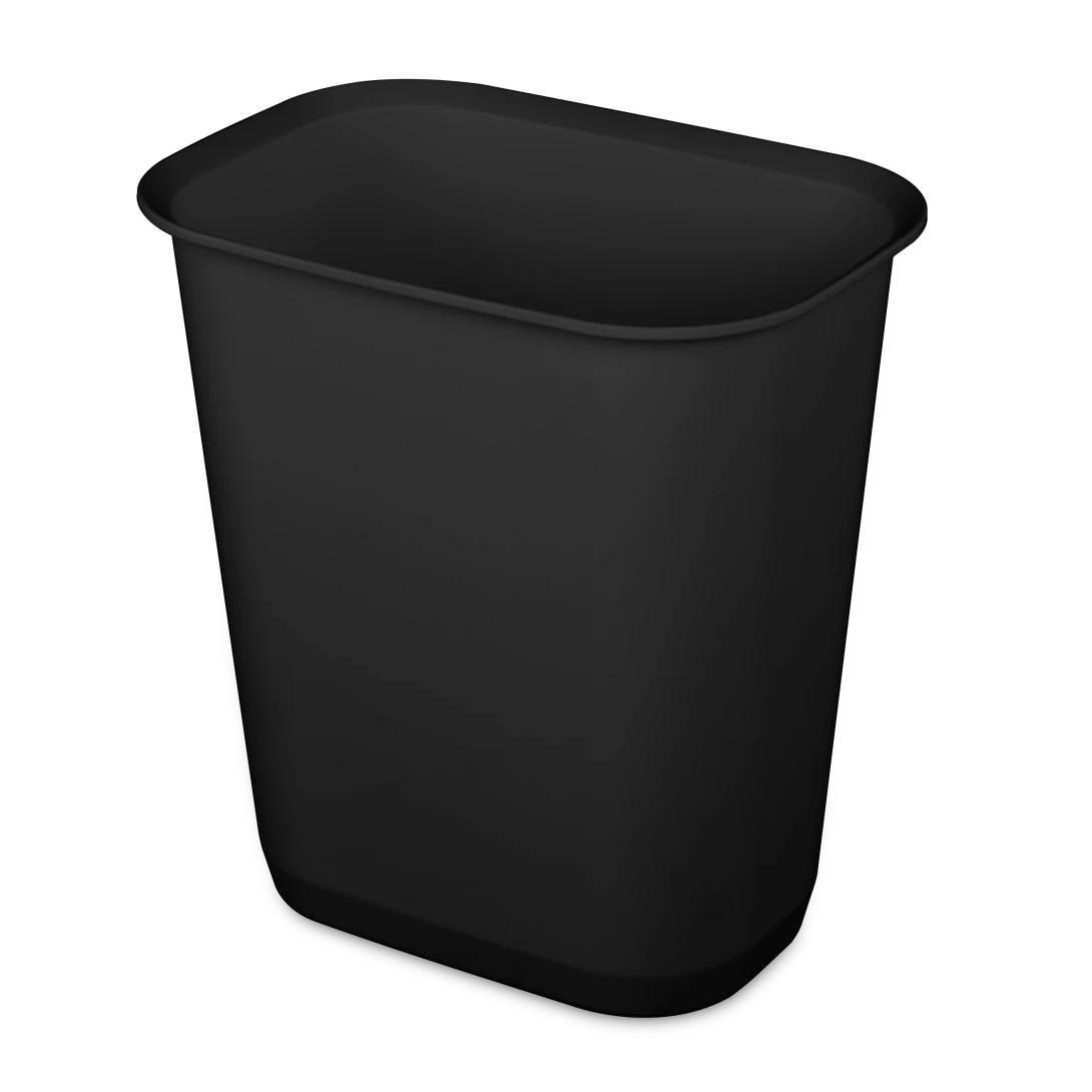 Sterilite 1046 3 gallon black rectangular plastic wastebasket trash can showing smooth top rim