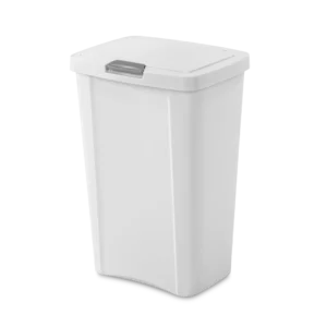 Sterilite 1045 13 gallon white touchtop plastic kitchen wastebasket trash can with titanium latch showing closed lid