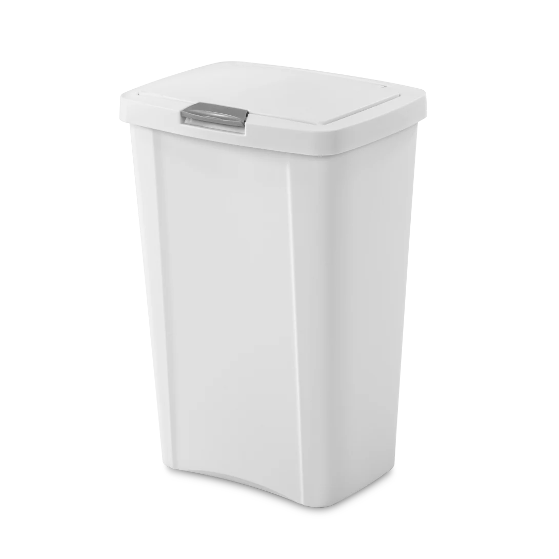 Sterilite 1045 13 gallon white touchtop plastic kitchen wastebasket trash can with titanium latch showing closed lid