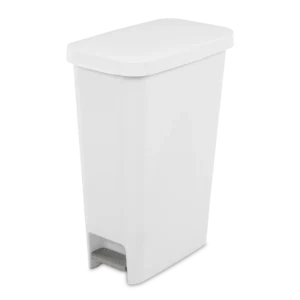 Sterilite 1058 11 gallon white slim stepon plastic kitchen wastebasket trash can showing titanium foot pedal and closed lid