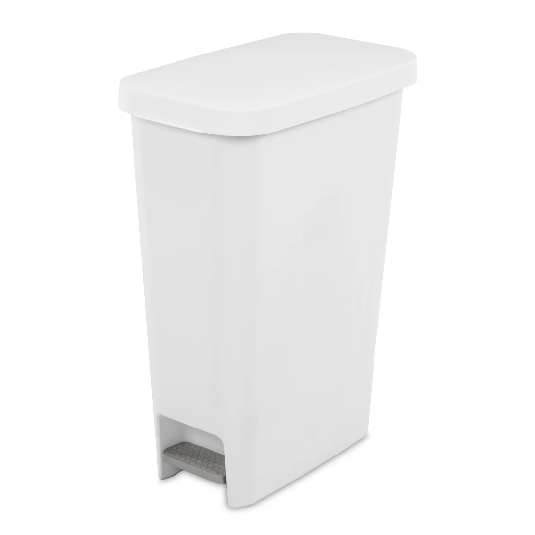 Sterilite 1058 11 gallon white slim stepon plastic kitchen wastebasket trash can showing titanium foot pedal and closed lid