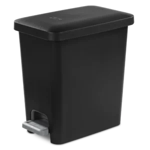 Sterilite 1061 2.7 gallon black rectangular stepon plastic bathroom wastebasket trash can showing titanium pedal and removable inner liner