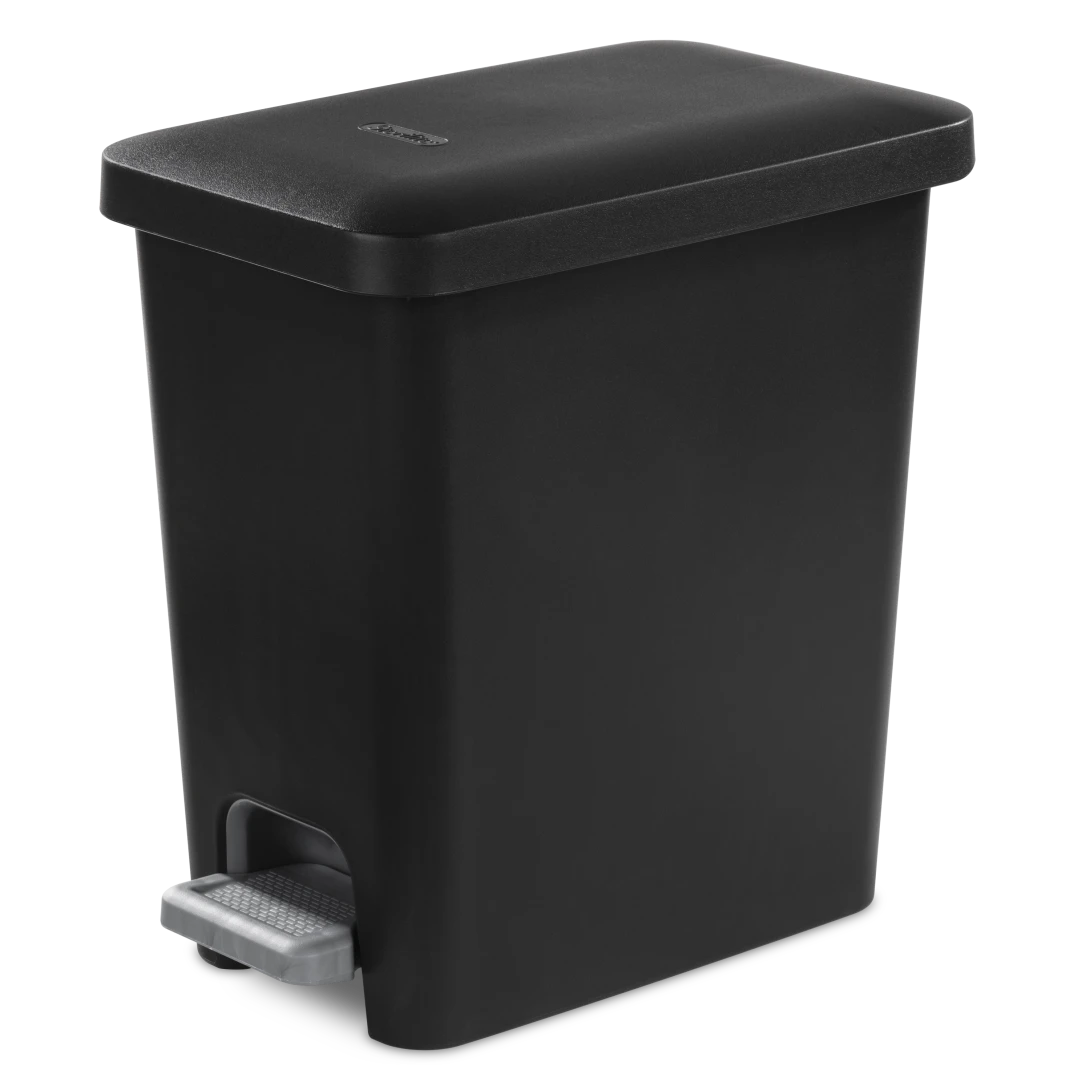 Sterilite 1061 2.7 gallon black rectangular stepon plastic bathroom wastebasket trash can showing titanium pedal and removable inner liner