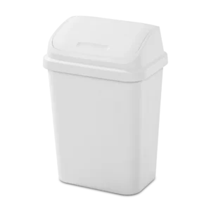 Sterilite 1066 7.8 gallon white swingtop plastic wastebasket trash can showing dual action swing lid