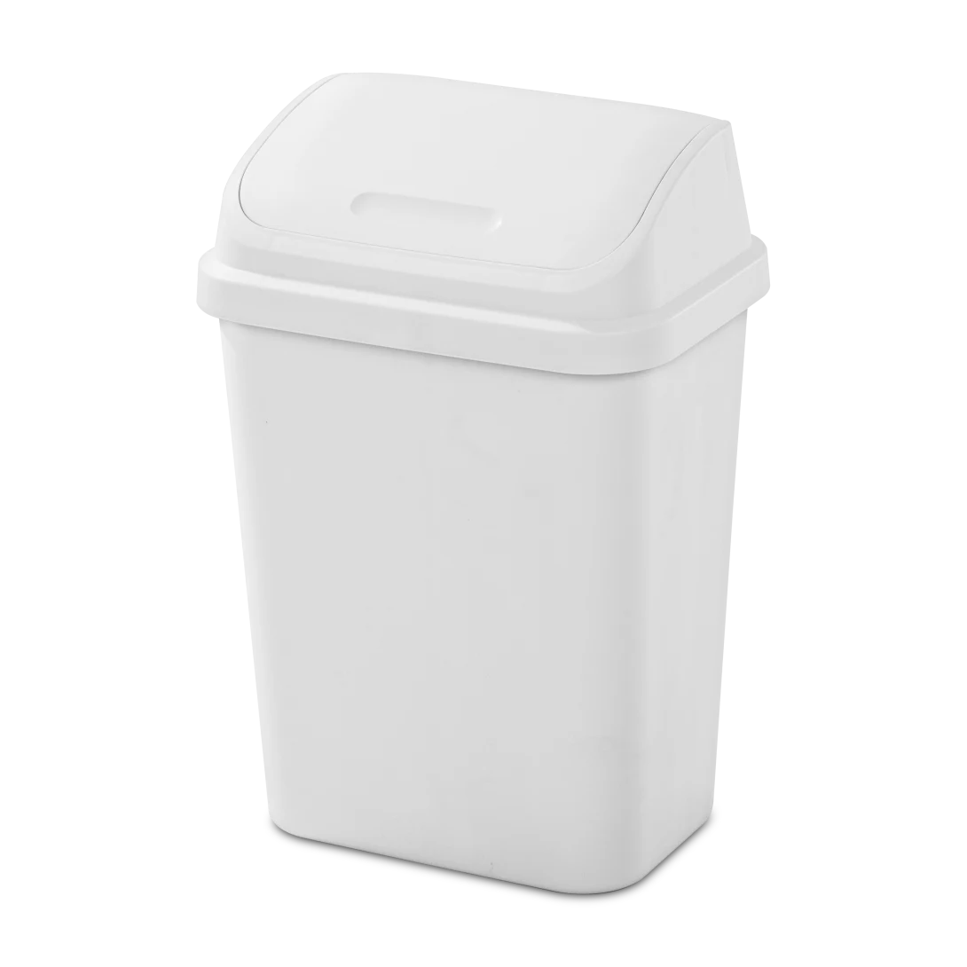 Sterilite 1066 7.8 gallon white swingtop plastic wastebasket trash can showing dual action swing lid