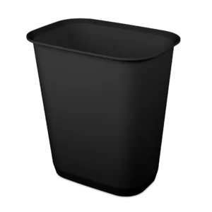 Sterilite 1048 9 gallon black rectangular plastic wastebasket trash can showing integrated rim handles