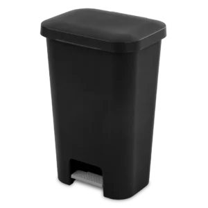 Sterilite 1069 11.9 gallon black stepon plastic kitchen wastebasket trash can showing titanium foot pedal