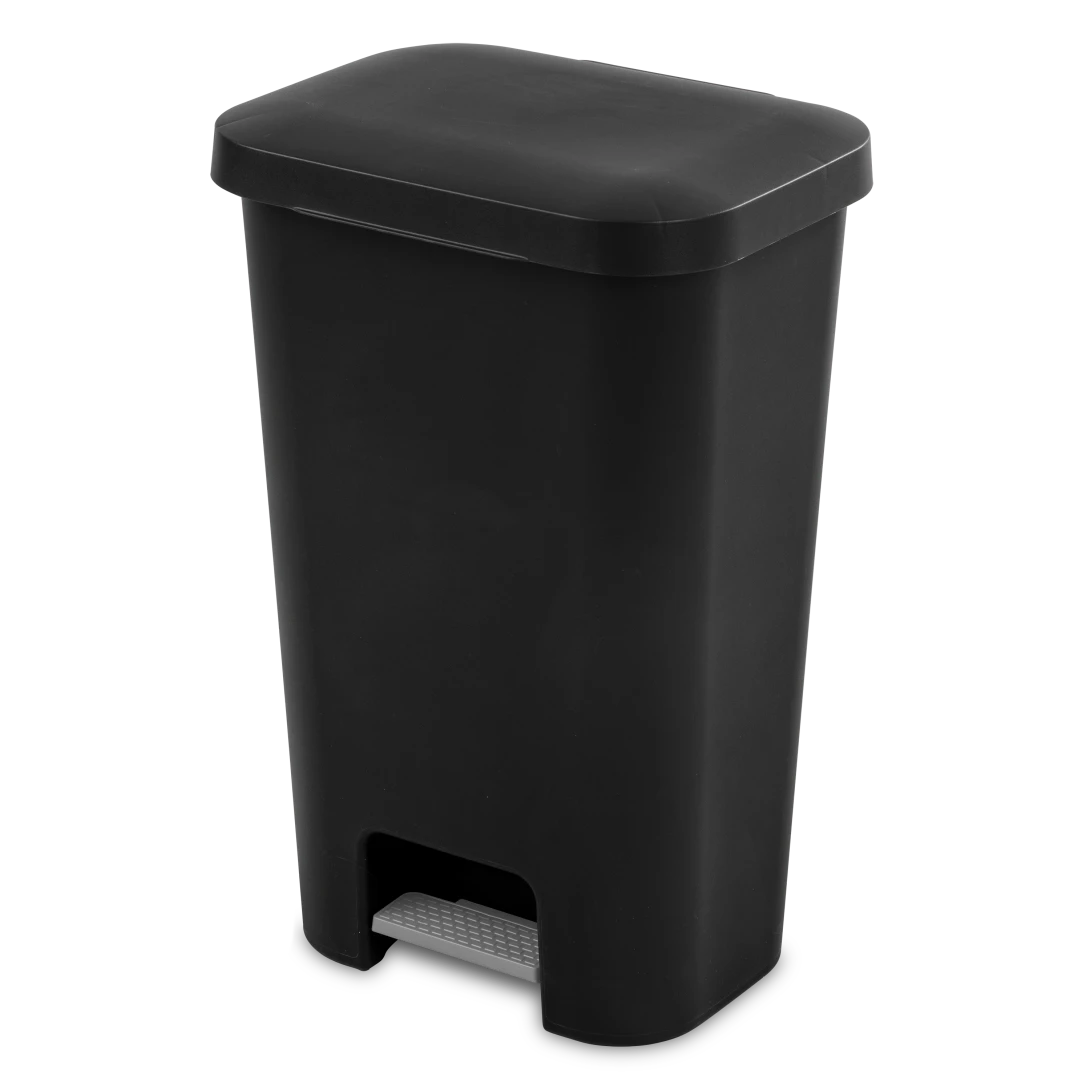 Sterilite 1069 11.9 gallon black stepon plastic kitchen wastebasket trash can showing titanium foot pedal