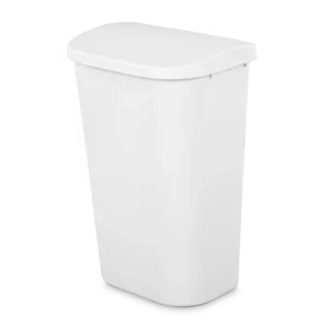 Sterilite 1075 11.3 gallon white lifttop plastic kitchen wastebasket trash can showing spring loaded latch lid