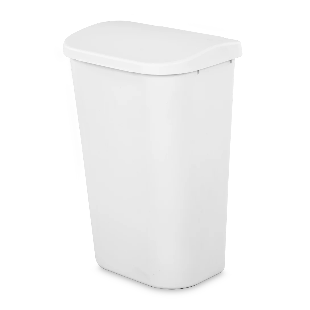 Sterilite 1075 11.3 gallon white lifttop plastic kitchen wastebasket trash can showing spring loaded latch lid