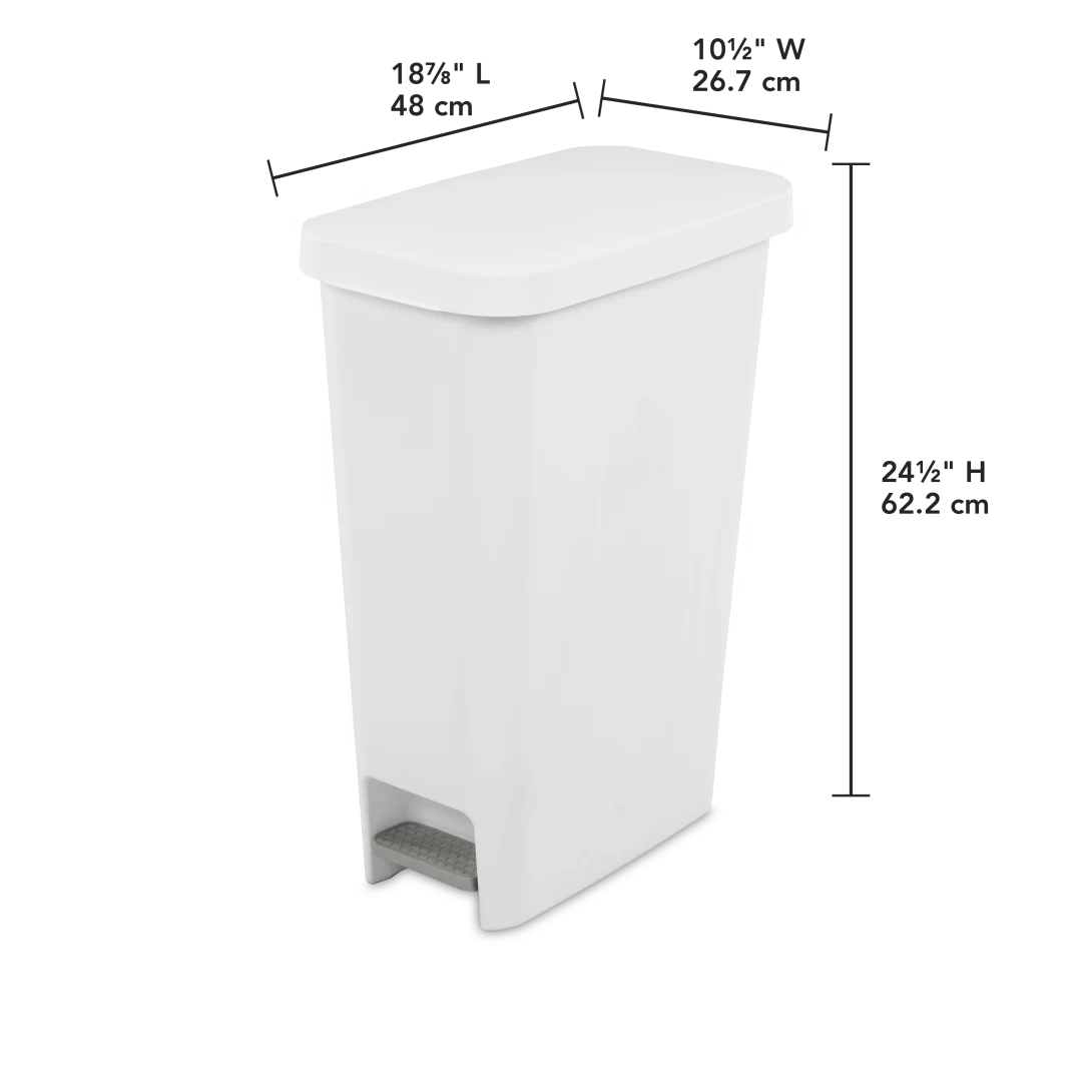 Sterilite 1058 11 Gallon / 42 Liter Slim StepOn Wastebasket – White with Titanium Pedal - Image 2