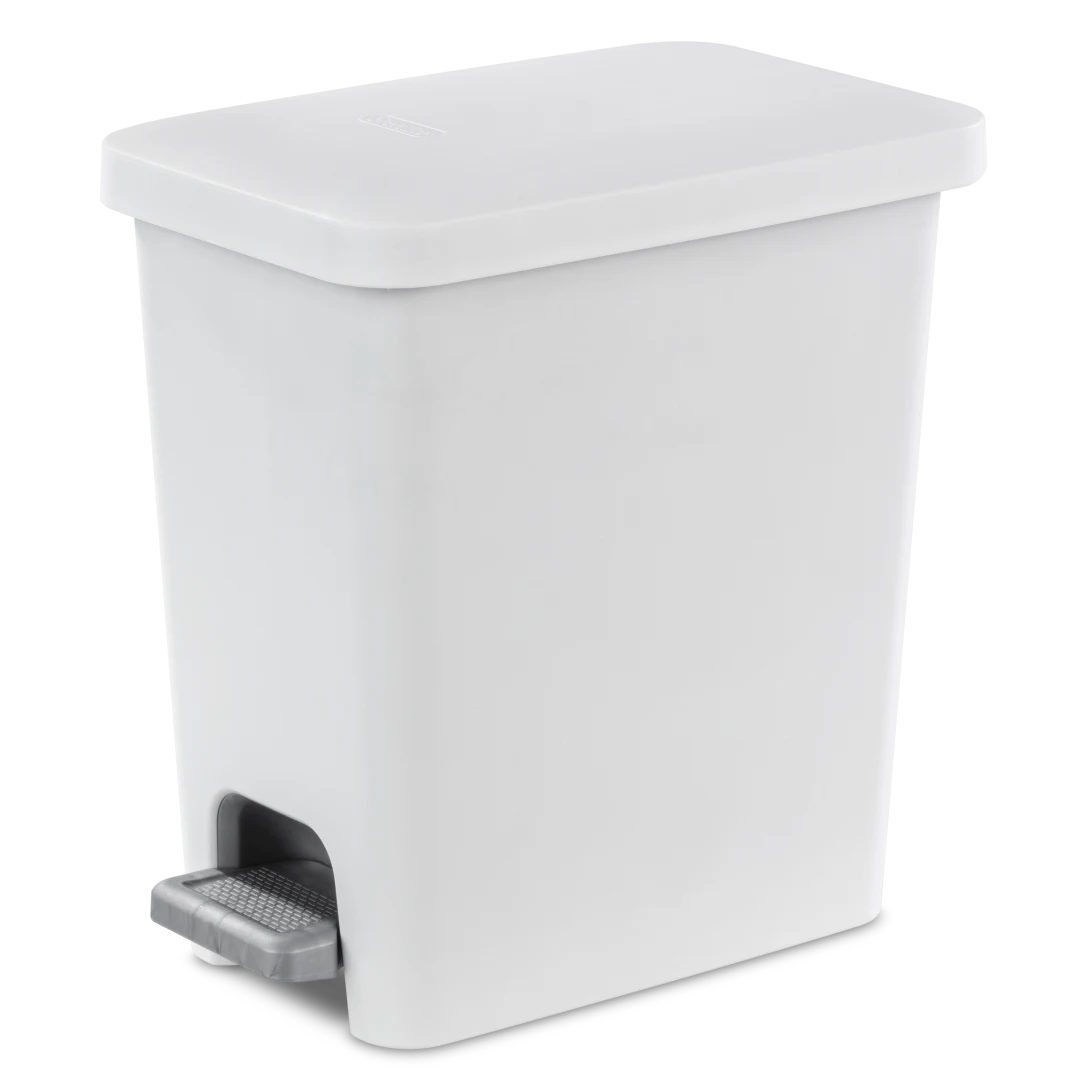 Sterilite 1061 2.7 gallon white rectangular stepon plastic bathroom wastebasket trash can showing titanium pedal and removable inner liner