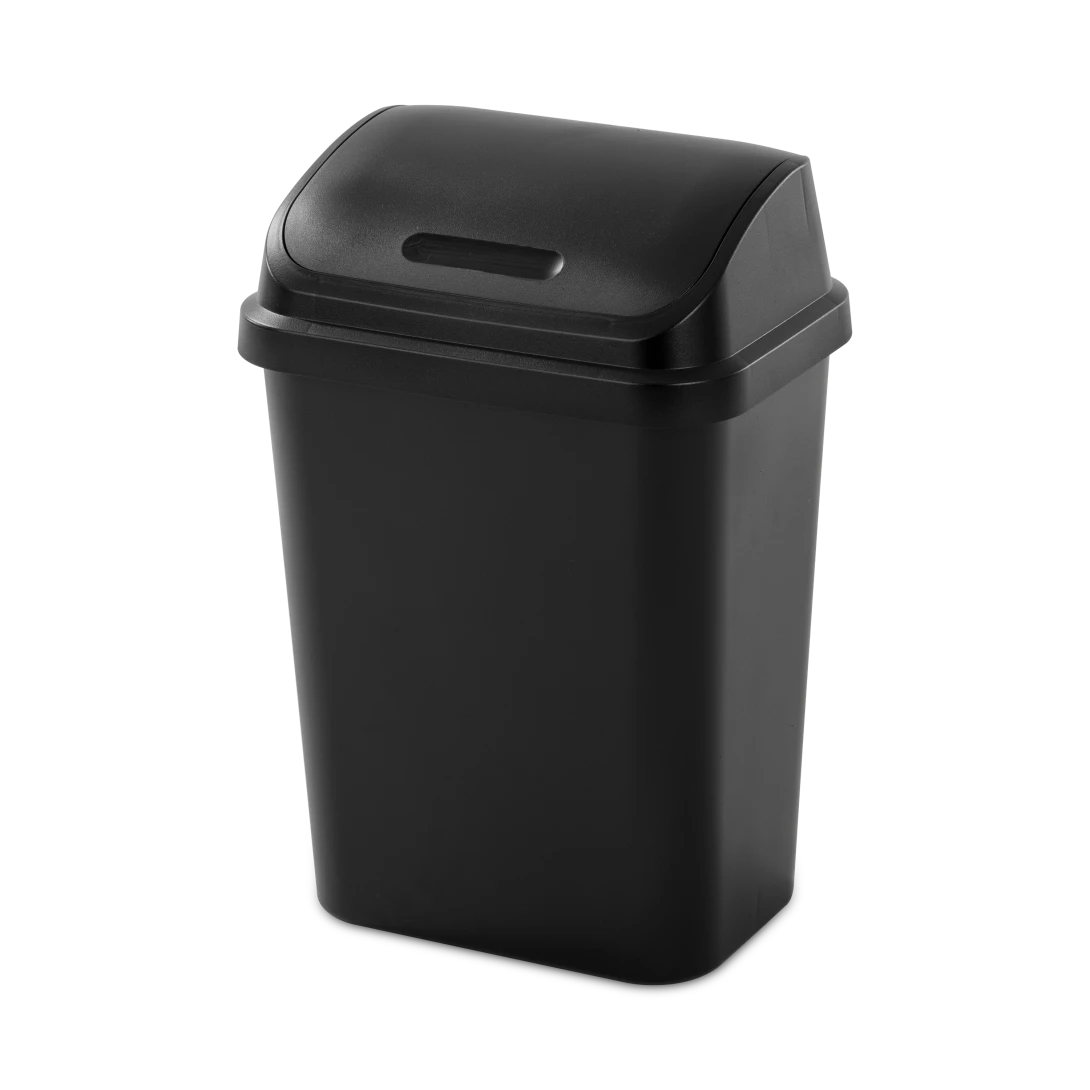Sterilite 1066 7.8 gallon black swingtop plastic wastebasket trash can showing dual action swing lid