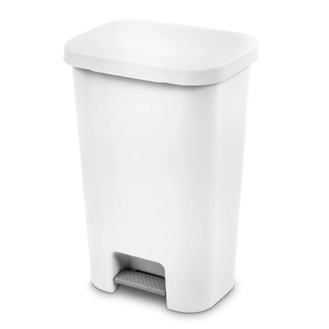 Sterilite 1069 11.9 gallon white stepon plastic kitchen wastebasket trash can showing titanium foot pedal