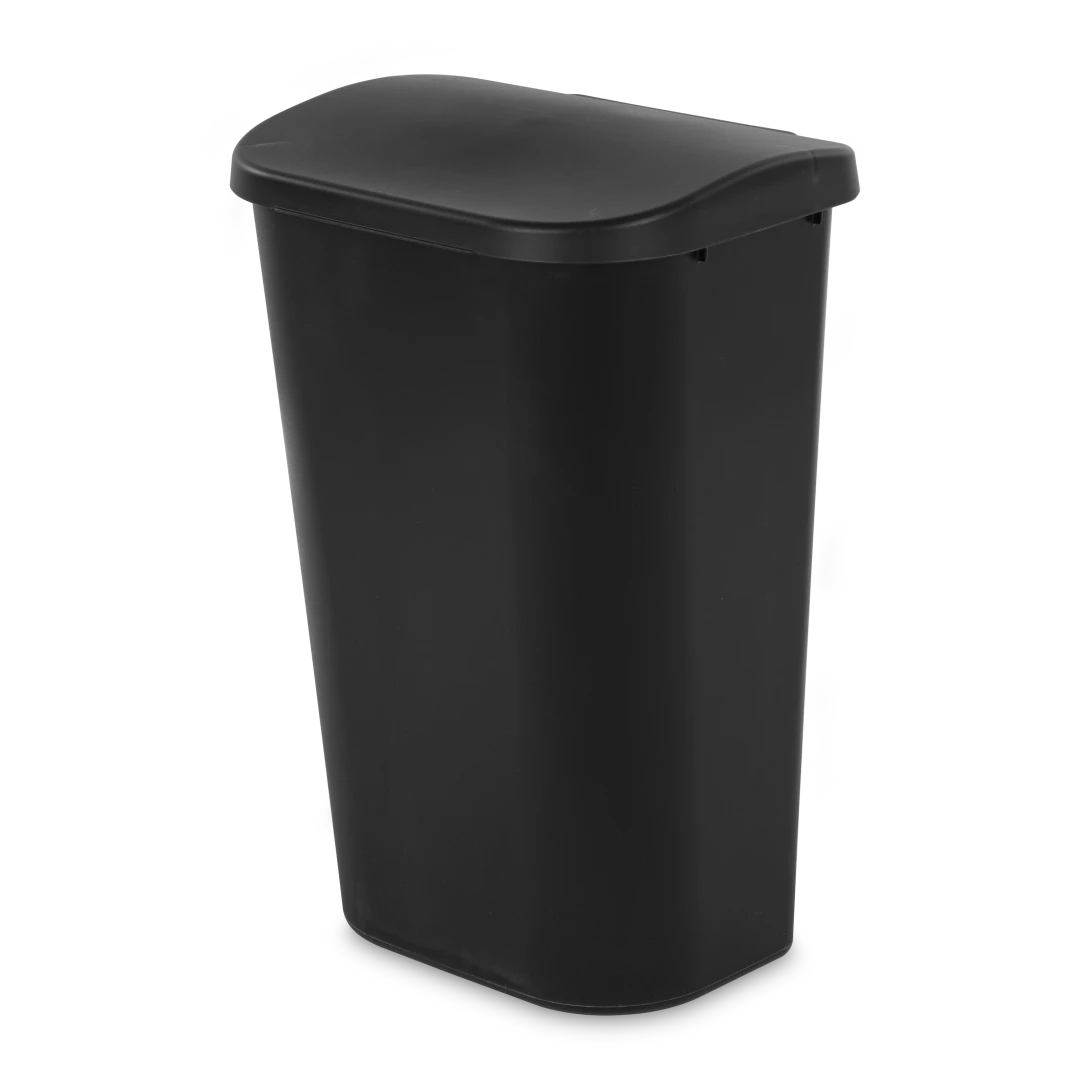 Sterilite 1075 11.3 gallon black lifttop plastic kitchen wastebasket trash can showing spring loaded latch lid