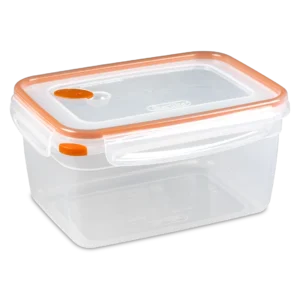 Sterilite 0323 Ultra Seal 12.0 cup rectangular clear food storage container with orange tangerine locking latches and steam vent
