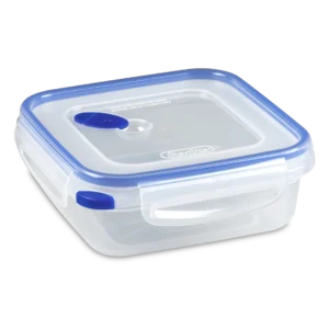 Sterilite 0331 Ultra Seal 4.0 cup square clear food storage container with blue locking latches and steam vent
