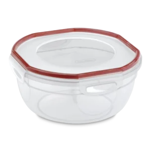 Sterilite 0393 Ultra Seal 2.5 quart round clear food storage bowl with magenta locking latches and steam vent