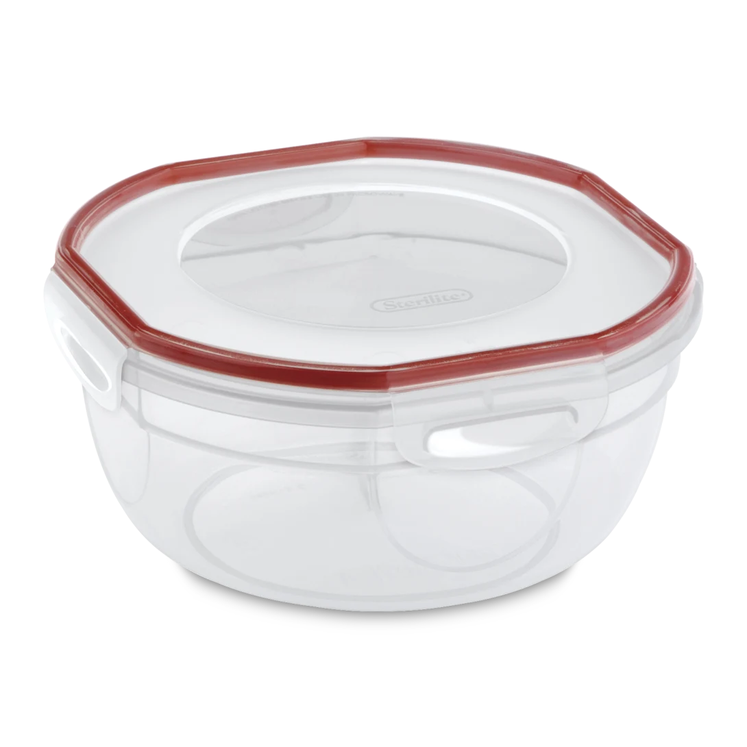 Sterilite 0393 Ultra Seal 2.5 quart round clear food storage bowl with magenta locking latches and steam vent