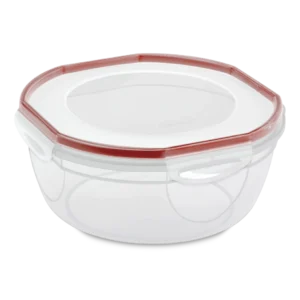 Sterilite 0394 Ultra Seal 4.7 quart round clear food storage bowl with red locking latches and steam vent