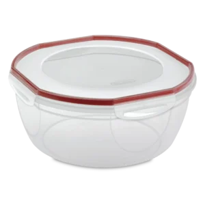Sterilite 0395 Ultra Seal 8.1 quart jumbo round clear food storage bowl with red locking latches and steam vent