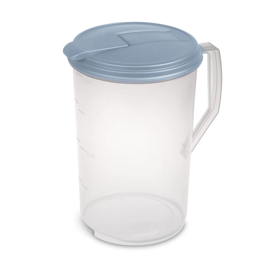 Sterilite 0488 1 gallon round clear plastic beverage pitcher with white 3-position rotating lid