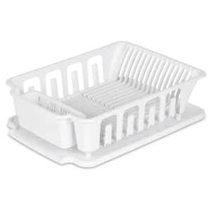 Sterilite 0627 large 2 piece white plastic sink set featuring a full size dish drainer and slanted drainboard