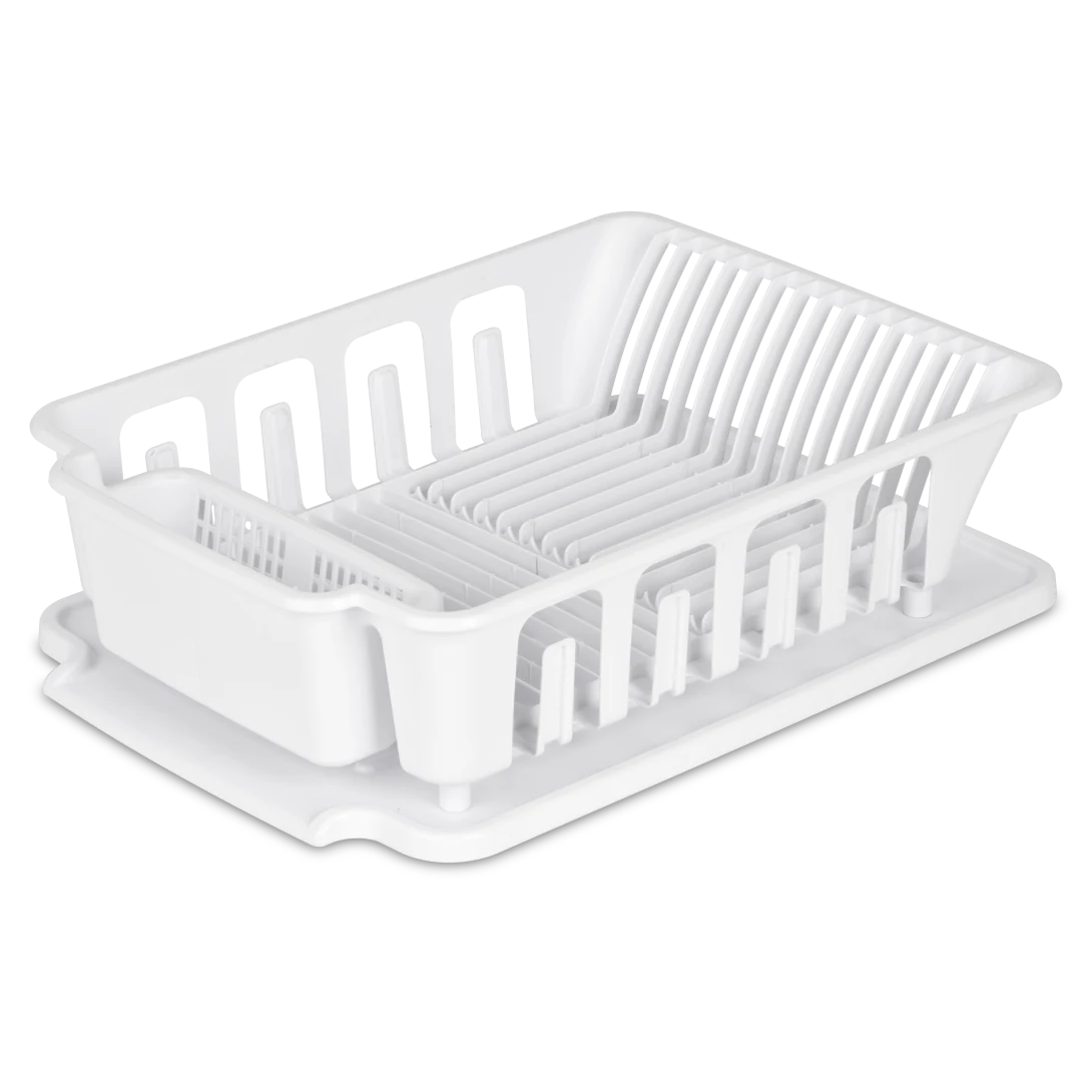 Sterilite 0627 large 2 piece white plastic sink set featuring a full size dish drainer and slanted drainboard