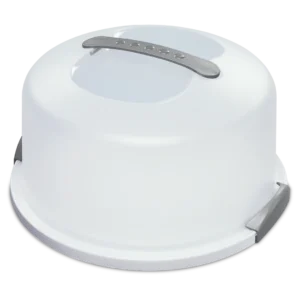 Sterilite 0200 round latching cake server carrier in white holding a 12 inch cake