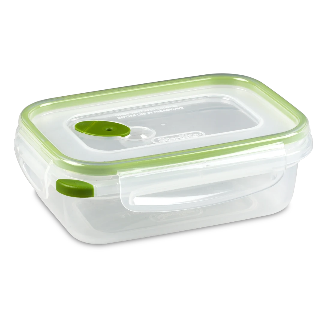 Sterilite 0311 Ultra Seal 3.1 cup rectangular clear food storage container with green locking latches and steam vent