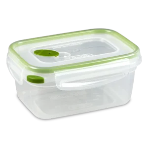 Sterilite 0312 Ultra Seal 4.5 cup rectangular clear food storage container with green locking latches and steam vent