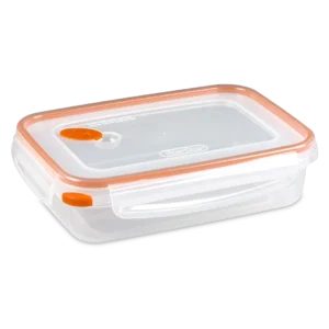 Sterilite 0321 Ultra Seal 5.8 cup rectangular clear food storage container with orange tangerine locking latches and steam vent