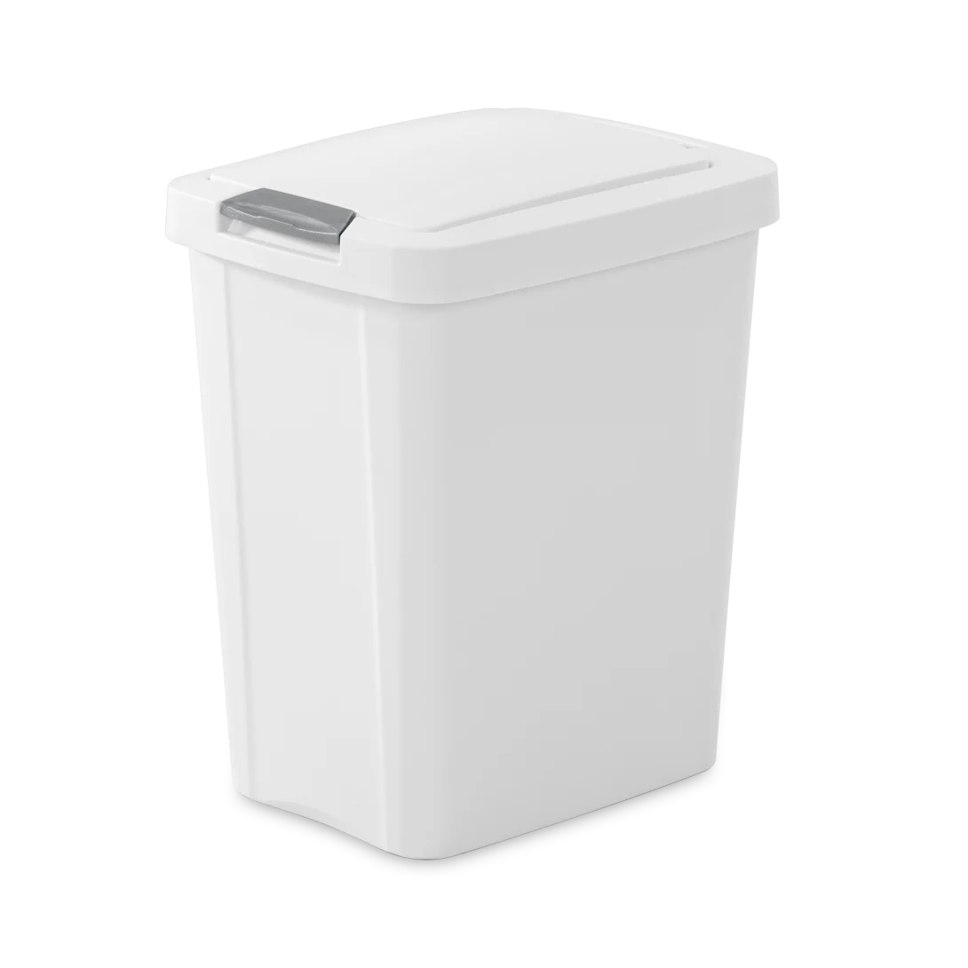 Sterilite 1043 7.5 gallon white touchtop plastic wastebasket trash can with titanium latch showing closed lid