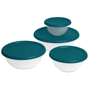 Sterilite 0747 8 piece nesting bowl set featuring white plastic mixing bowls and corsair blue snap on lids