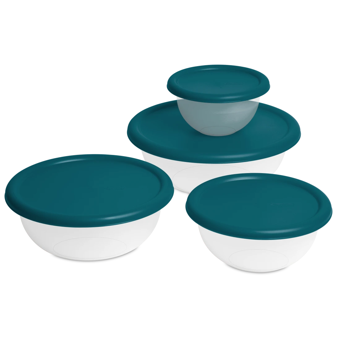 Sterilite 0747 8 piece nesting bowl set featuring white plastic mixing bowls and corsair blue snap on lids