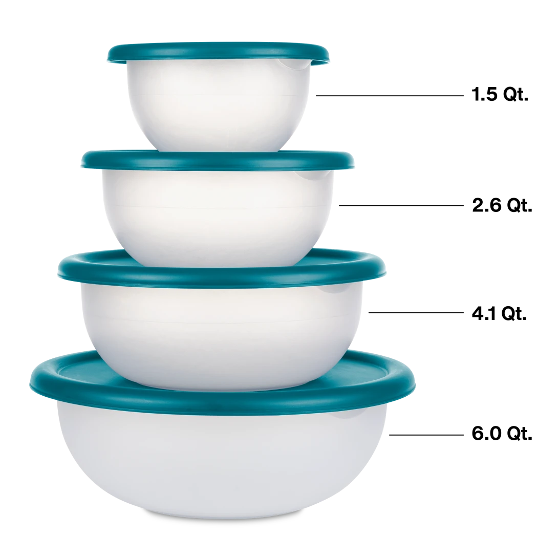 Sterilite 0747 8-Piece Covered Bowl Set – White Bowls with Washed Blue & Corsair Blue Lids - Image 2