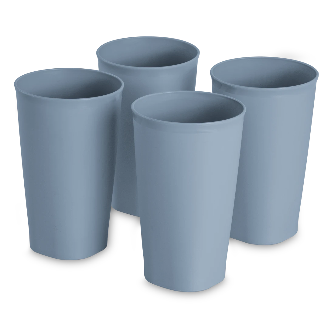 Sterilite 0924 set of four 20 ounce washed blue plastic drinking tumblers stacked together
