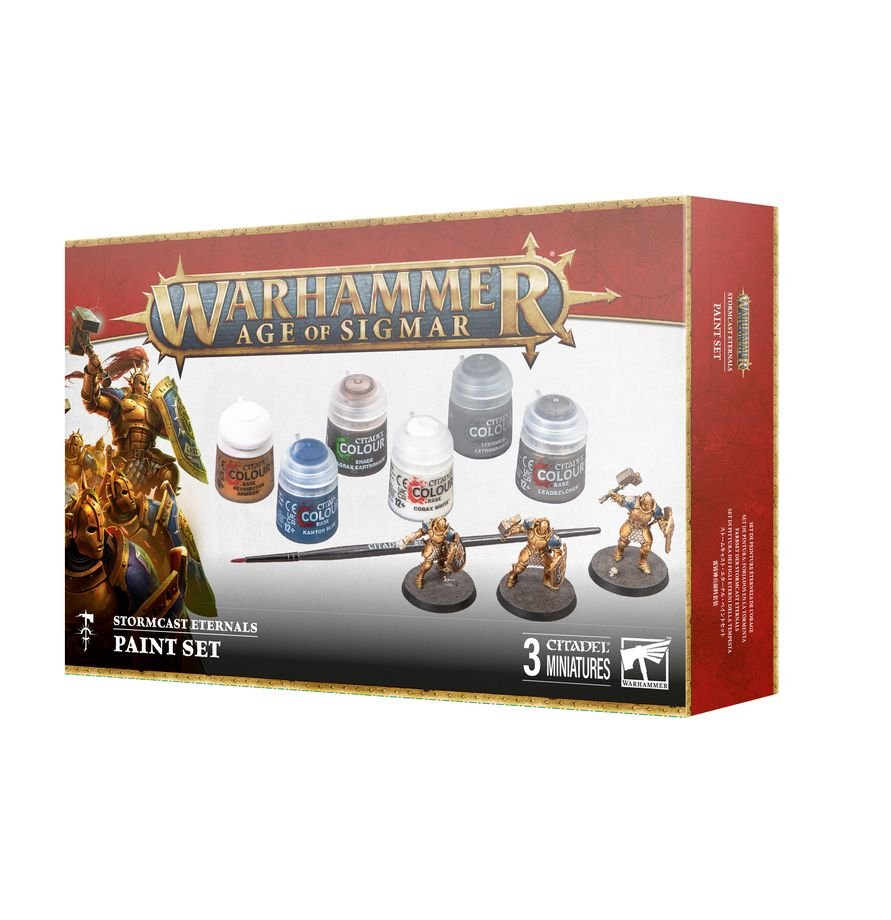 Warhammer Age of Sigmar Stormcast Eternals Paint Set showing 3 Liberator miniatures, paint pots, and starter brush.