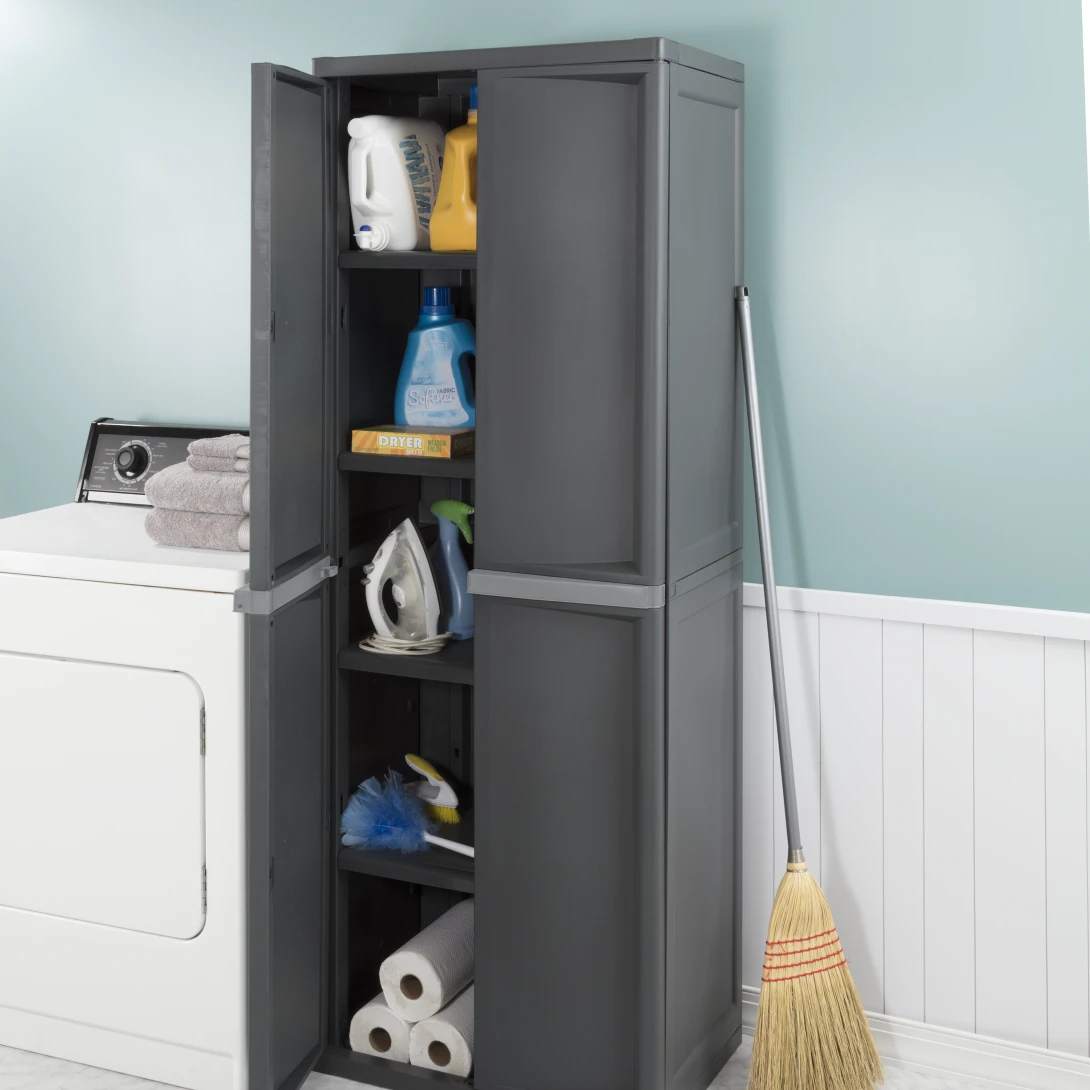Sterilite 4-Shelf Lockable Heavy Duty Plastic Storage Cabinet β Flat Gray - Image 4
