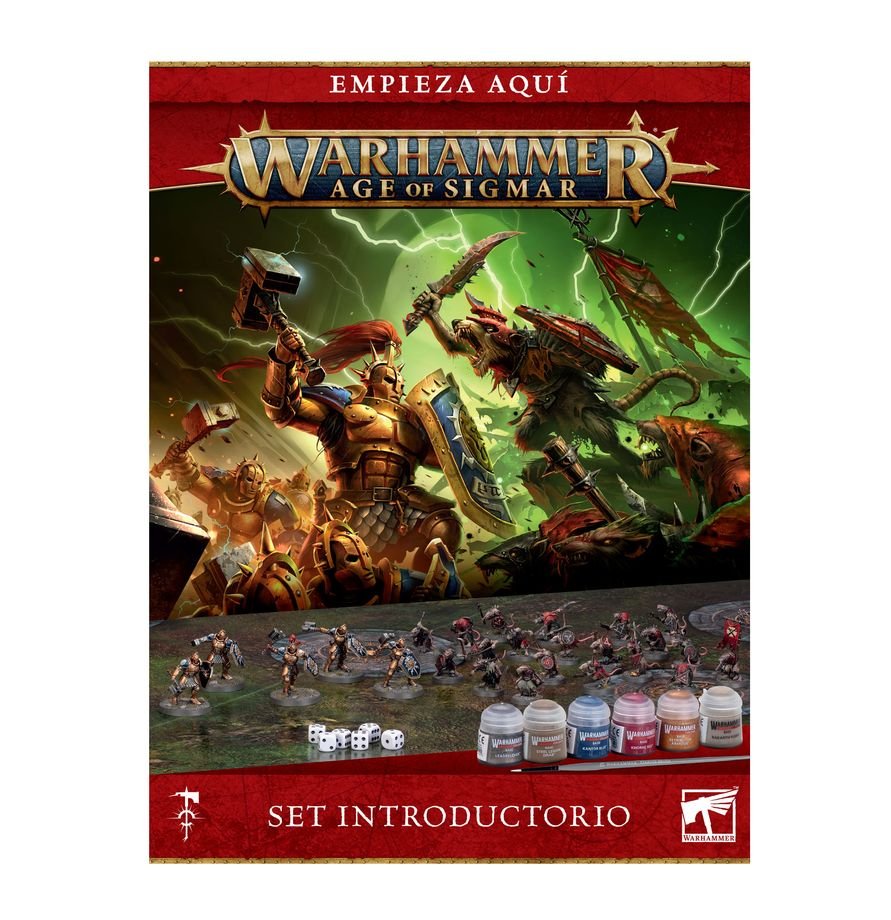 Warhammer Age of Sigmar Introductory Set box containing miniatures, paints, and rules for beginners.