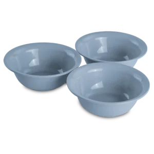 Sterilite 0723 set of three 20 ounce washed blue round plastic cereal and snack bowls