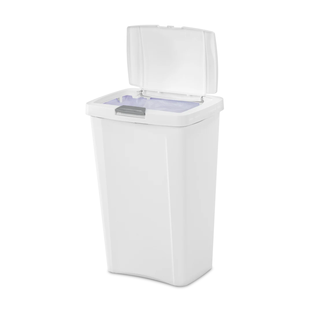 Sterilite 1045 13 Gallon / 49 Liter TouchTop Wastebasket – White / Black with Titanium Latch - Image 8