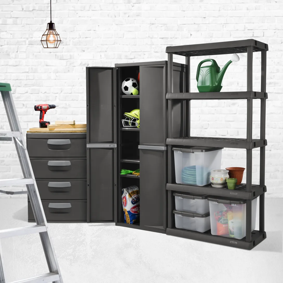 Sterilite 4-Shelf Lockable Heavy Duty Plastic Storage Cabinet β Flat Gray - Image 2