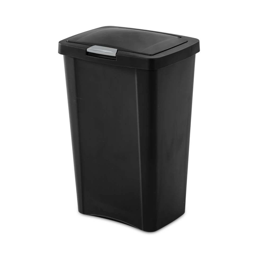 Sterilite 1045 13 gallon black touchtop plastic kitchen wastebasket trash can with titanium latch showing closed lid