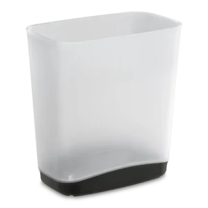 Sterilite 1039 3.3 gallon clear plastic slim wastebasket trash can with a solid flat gray base showing side handles