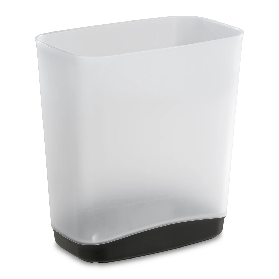 Sterilite 1039 3.3 gallon clear plastic slim wastebasket trash can with a solid flat gray base showing side handles