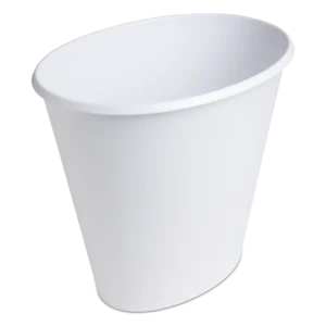 Sterilite 1019 2.5 gallon white oval plastic vanity wastebasket showing smooth top rim and compact footprint