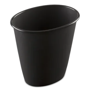 Sterilite 1011 1.5 gallon black oval plastic vanity wastebasket showing smooth rim and compact footprint