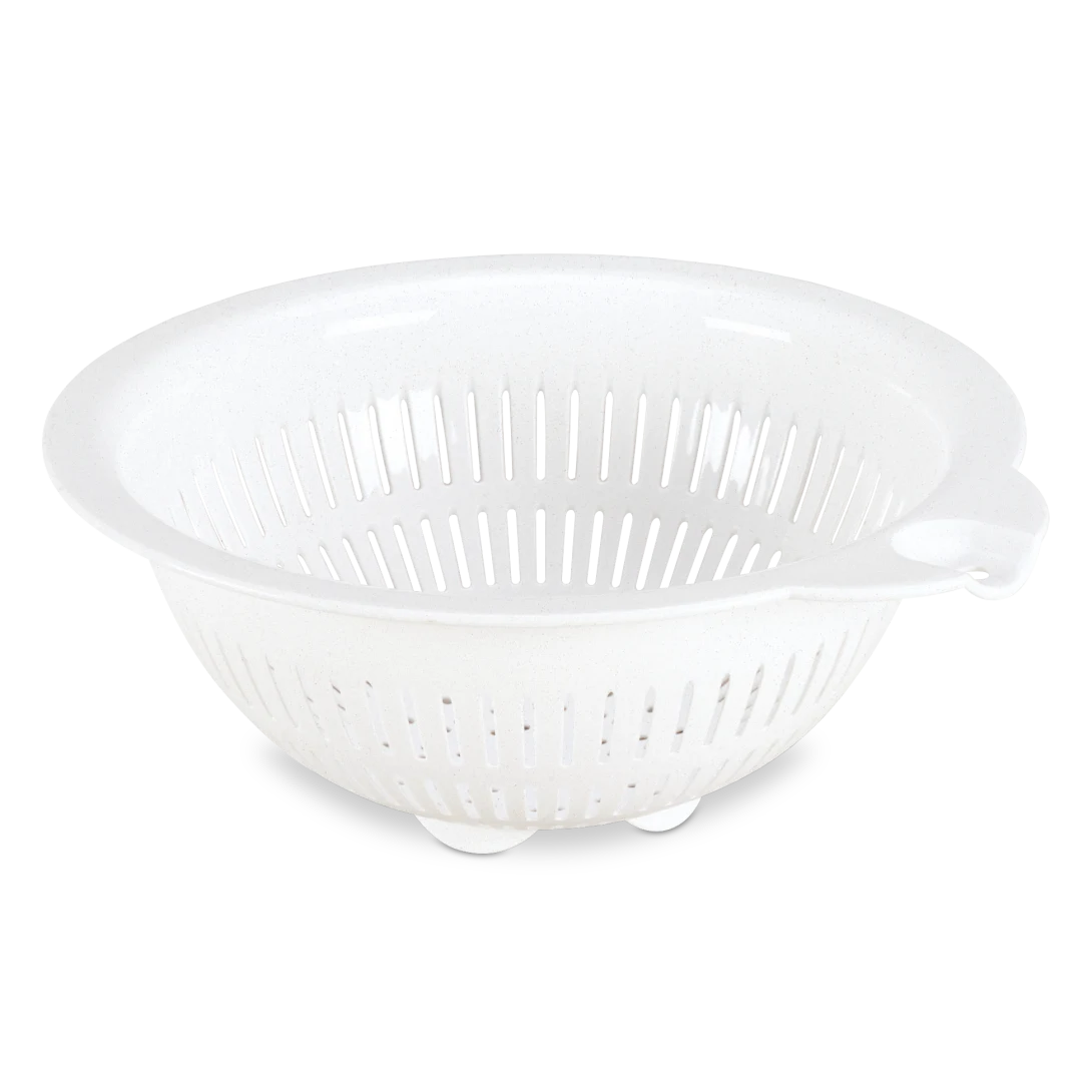 Sterilite 0765 large white plastic kitchen colander showing side handles and elevated base feet